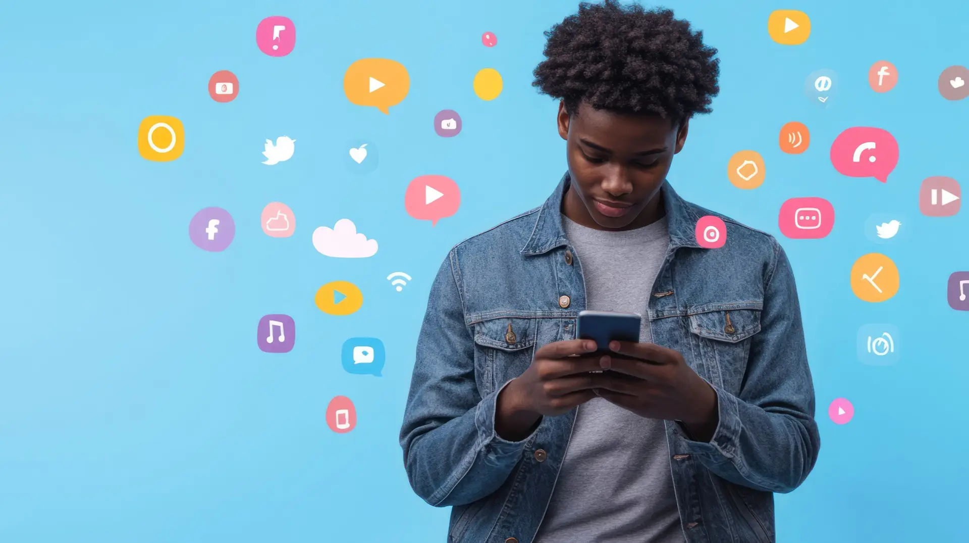 Man Using Smartphone with Social Media Icons Surrounding Him