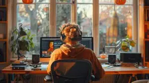 Man working on a pc, thinking about social media trends