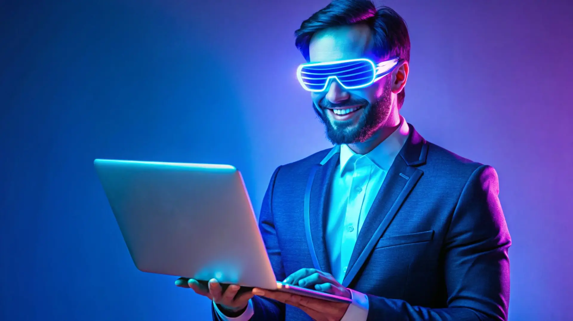 man with a laptop in his hands and a jacket, a smile, futuristic glasses in blue light, Blue Perennial color, cyber security, technology, laptop copy space, trend neon,