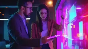 man and woman looking for content trends on futuristic screen