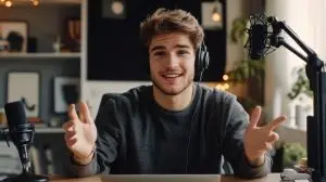Man working from home recording a youtube video talking about a new content trend
