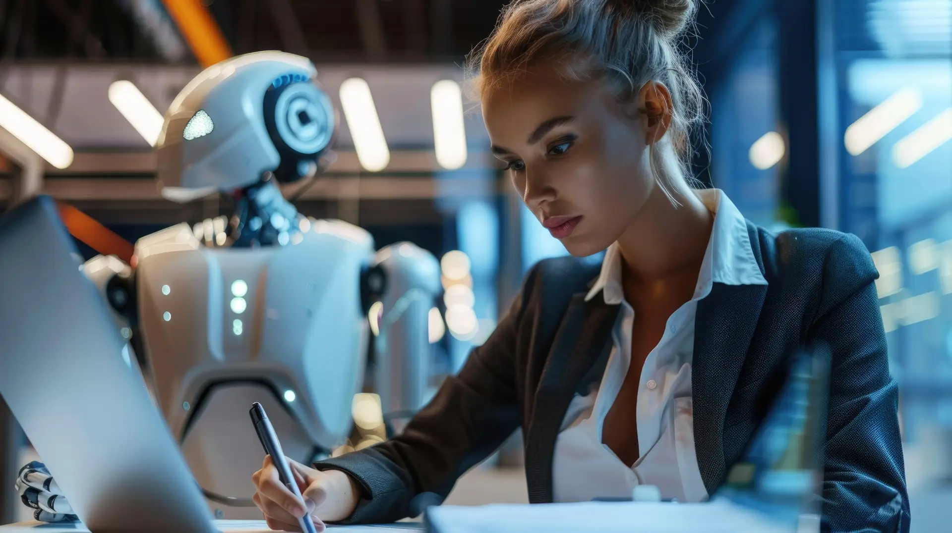In a modern office space, a professional businesswoman with a robotic arm is seen working AIG62