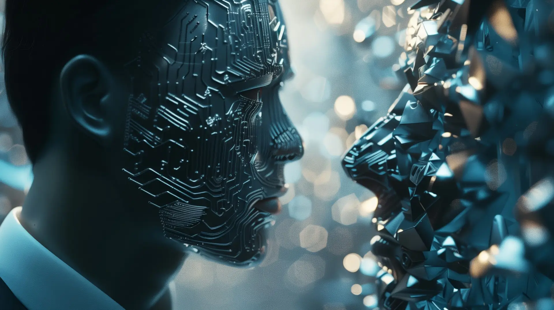 modern technology neural networks artificial intelligence-man looking big cyborg
