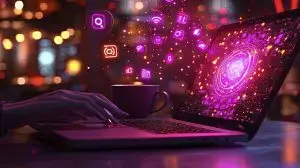 Person typing on a laptop, social media notifications popping up, coffee cup beside, bright caf√© lighting