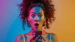 photo amazed shocked young woman look phone fast internet fly hair