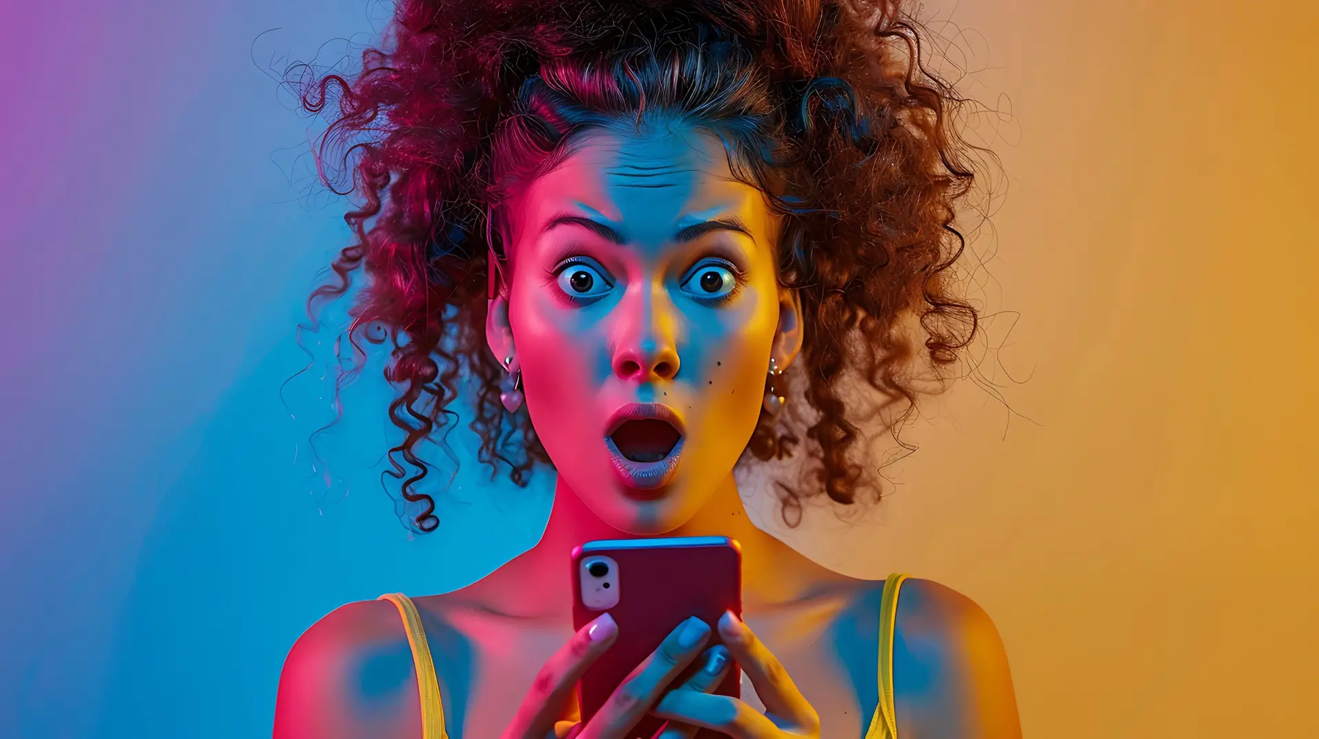 photo amazed shocked young woman look phone fast internet fly hair