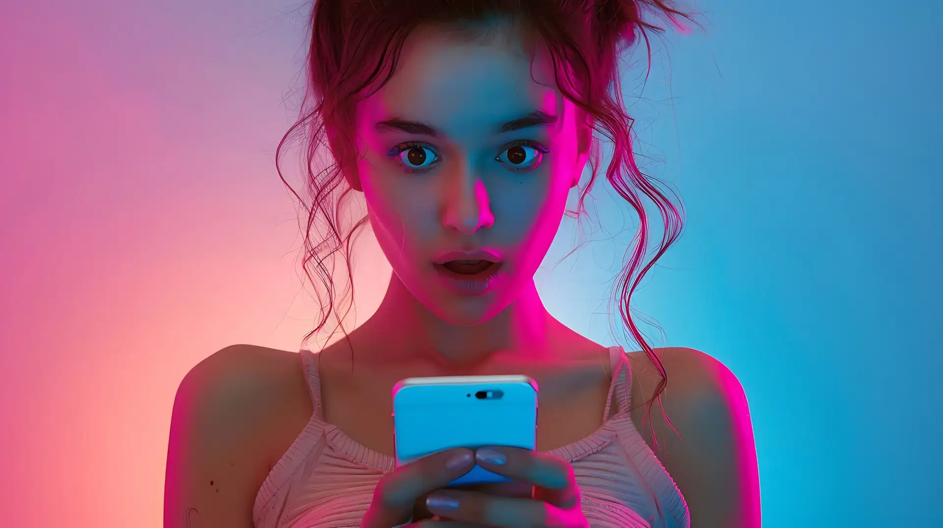 photo amazed shocked young woman look phone fast internet fly hair