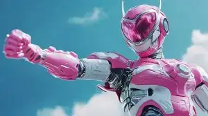 Powerful Pink Robot Posing Against Blue Sky with Clouds