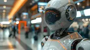 robot thinking about ai news in an airport