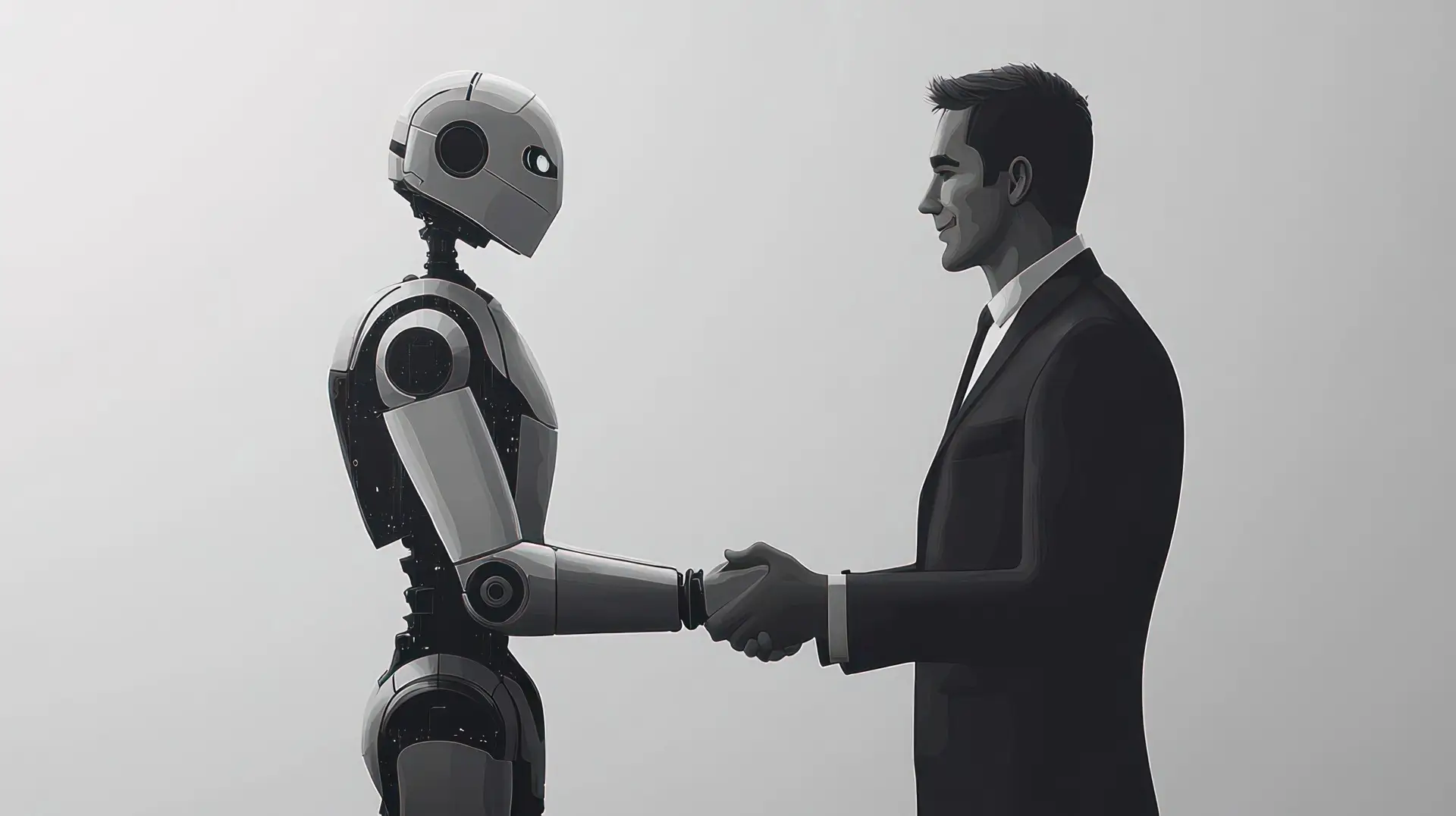 A robot and a businessman shake hands, symbolizing the future of work and collaboration between humans and artificial intelligence.
