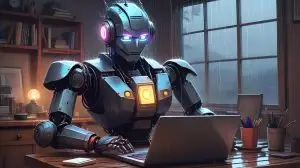 robot sittting at a desk working on a computer
