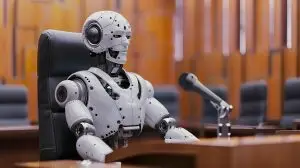 Robot testifying in court for technology intellectual property legal matters. Concept Technology Intellectual Property, Legal Matters, Robotics in Court, Testifying Automation, AI Witnesses
