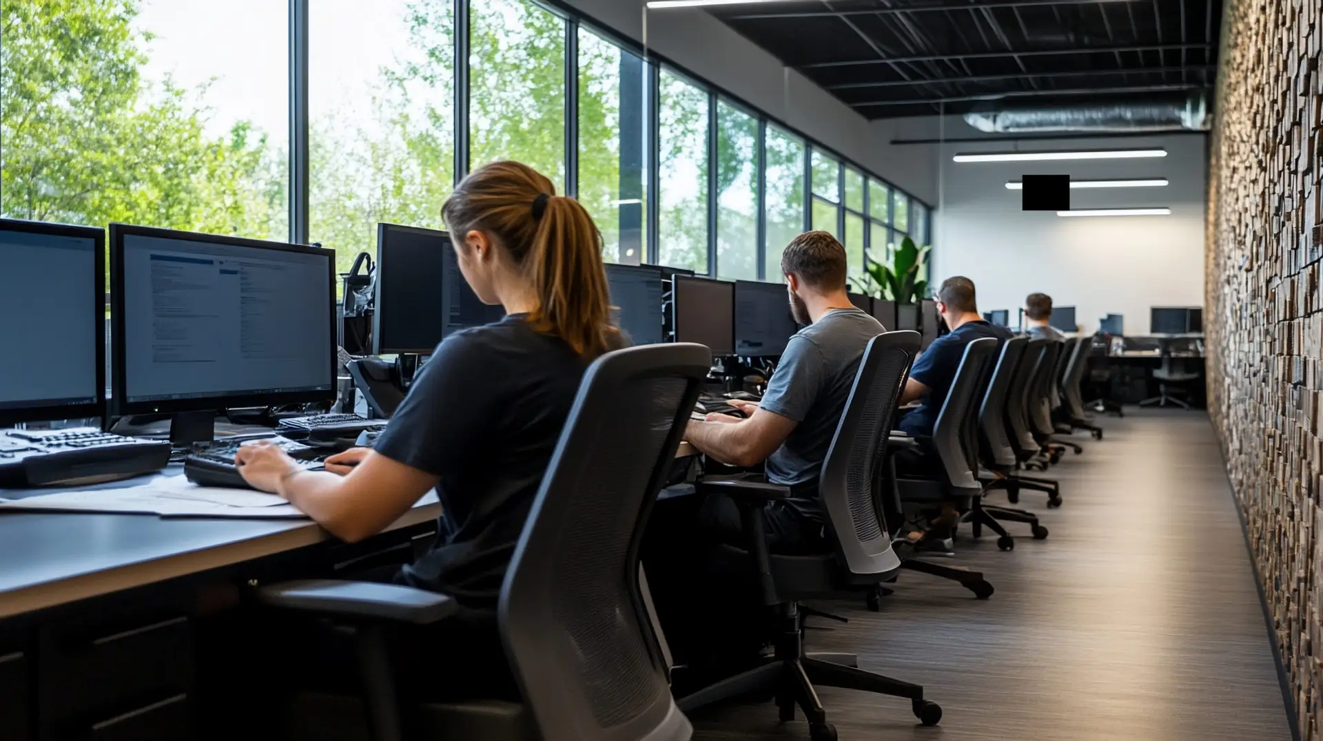Row of employees working at their computers in an office with large windows and a wood-paneled wall.