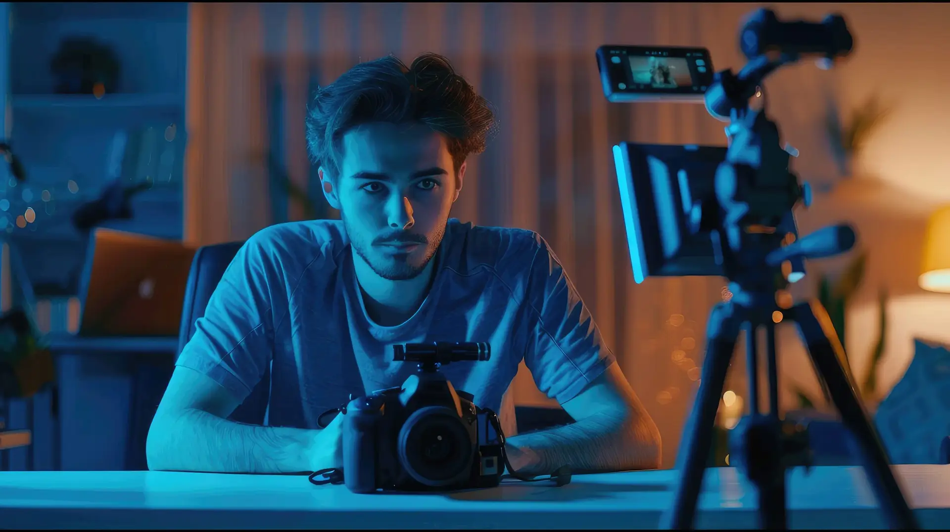 Tech content creator filming brand sponsored mini RGB lights device unpacking, presenting info to audience.