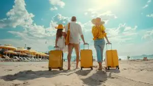 tourists walking on the beach with suitcases