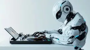 A white humanoid robot with headphones mixes music on a DJ mixer with a laptop.