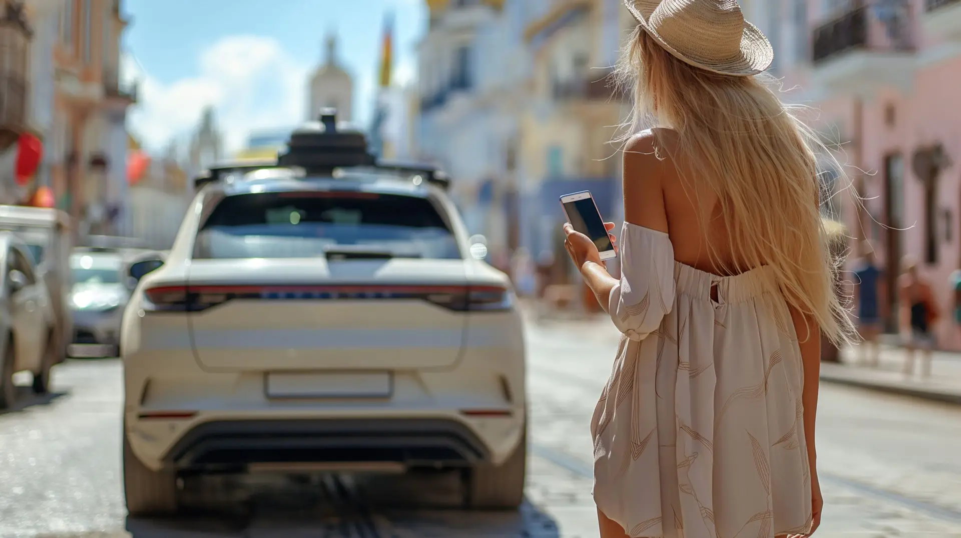 Woman with robotaxi searching for tech news