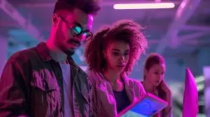 man and woman researching to find technology news