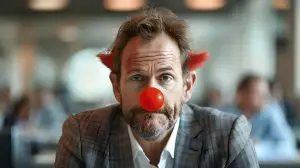 Awkward businessman wearing red clown nose in office or court. Concept Business Humor, Office Pranks, Awkward Situations