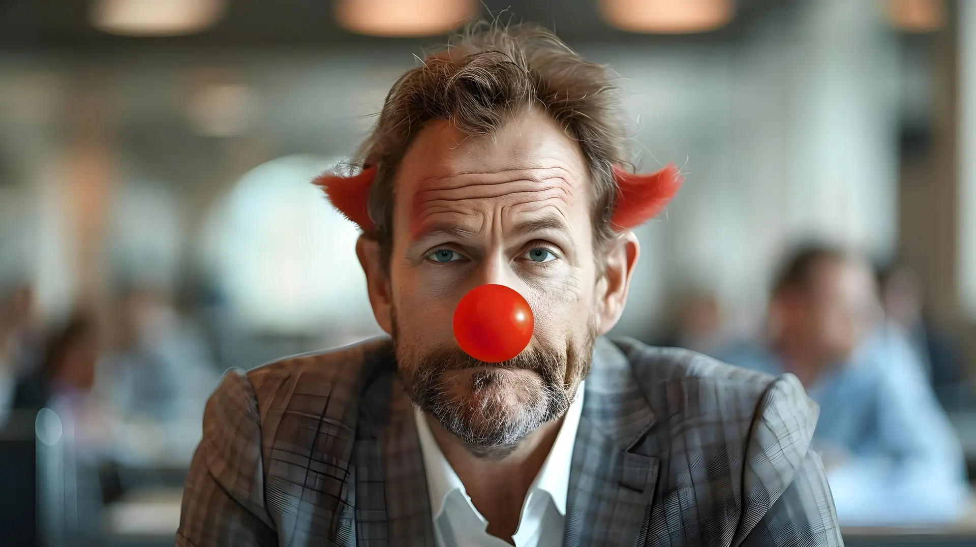 Awkward businessman wearing red clown nose in office or court. Concept Business Humor, Office Pranks, Awkward Situations