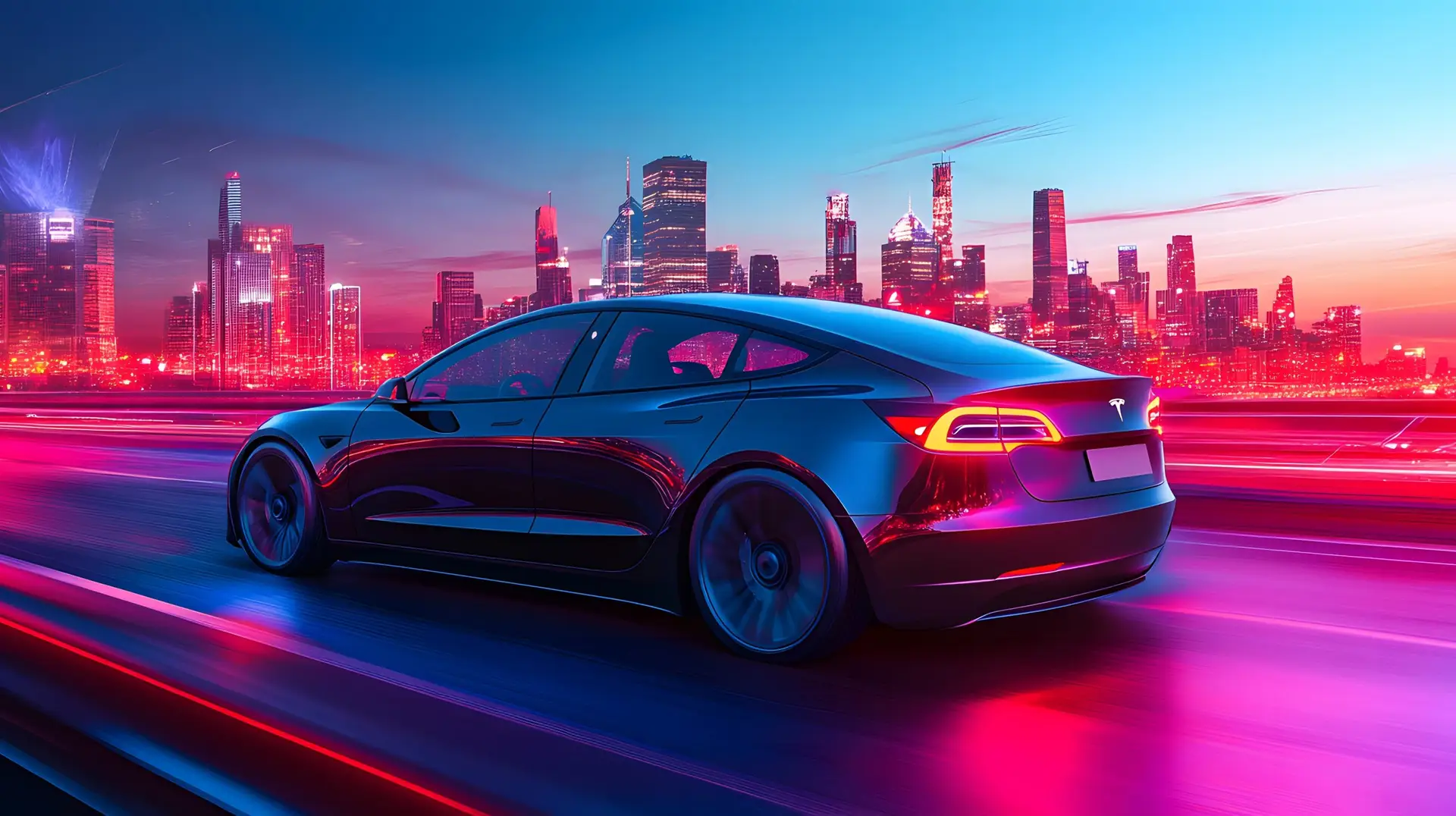 Black Tesla Electric Car Driving Through a City at Night