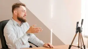 Cheerful bearded young man leading an online meeting using smartphone writing