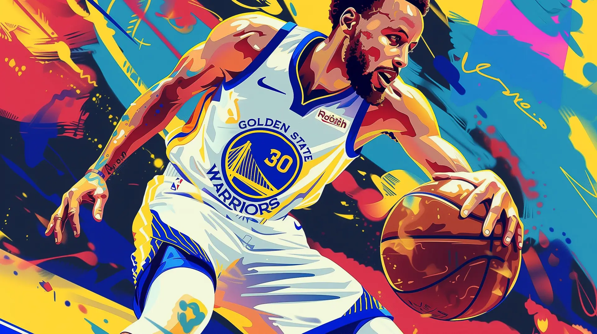 A close up of a basketball player dribbling a ball on a court