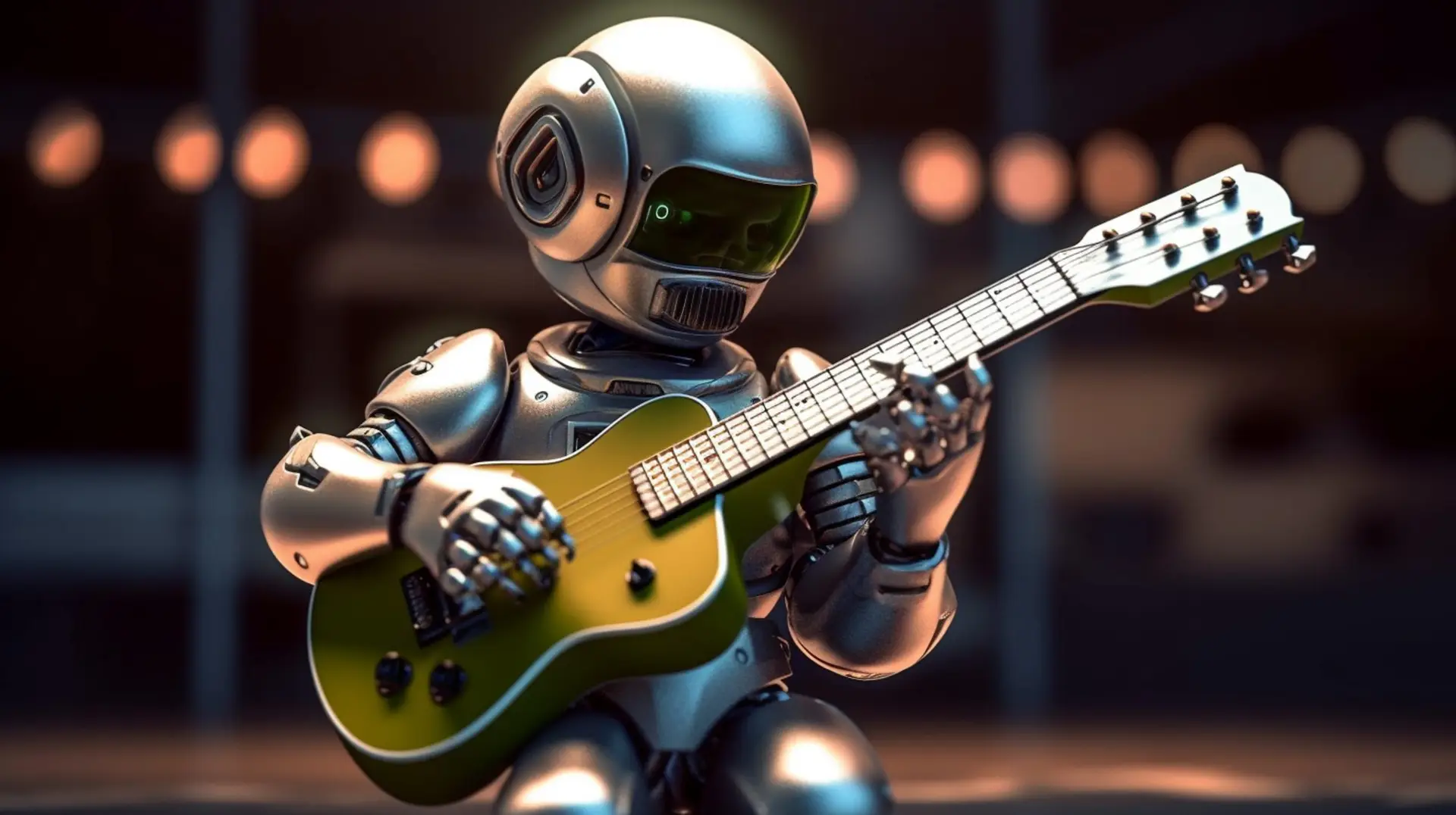 a close up of a robot playing a guitar in a room. generative ai.