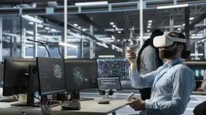 Data center engineer monitoring AI systems performance using VR headset