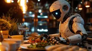 Detailed Robot Chef Preparing a Gourmet Meal. Concept Robotic Technology, Culinary Automation, Gourmet Cuisine, Kitchen Innovation, High-Tech Cooking