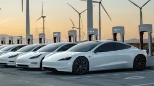 electric sports cars white color at a wind farm background