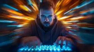 Focused netrunner swiftly navigating digital realm with intense concentration and quick keystrokes. Concept Cybersecurity, Netrunning, Digital Realm, Keystrokes, Intense Concentration
