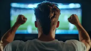 Football Fan in Team Hoodie Cheering During a Match – Modern Living Room Scene