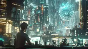 futuristic scene and a man working