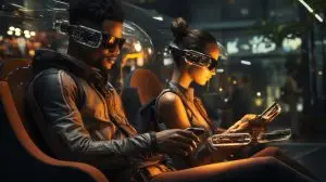 two people sitting inside of an artificial turf seat using their glasses as an example, in the style of futuristic robots, elegant cityscapes, emotive lighting, smooth and curved lines, dark gray and light amber, studyplace, neo op, --ar 3:2 --stylize 750 --v 5.2