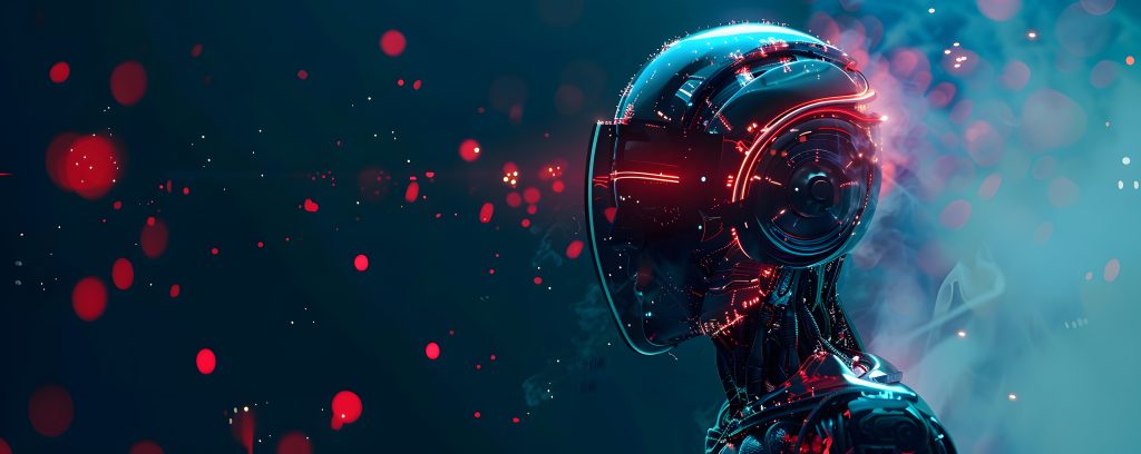 Futuristic robot head with digital interface and particles