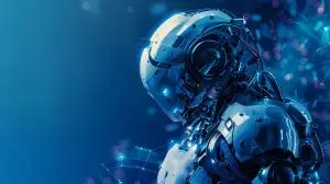 A futuristic robot head with intricate details on a blue background