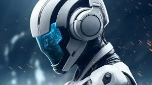 robot listening to music in headphones