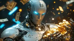 A futuristic robot with blue eyes holds a stack of gold coins with dollar bills falling around it.