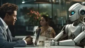 generated illustration of businessman interacting with a AI robot, business discussing business strategies.