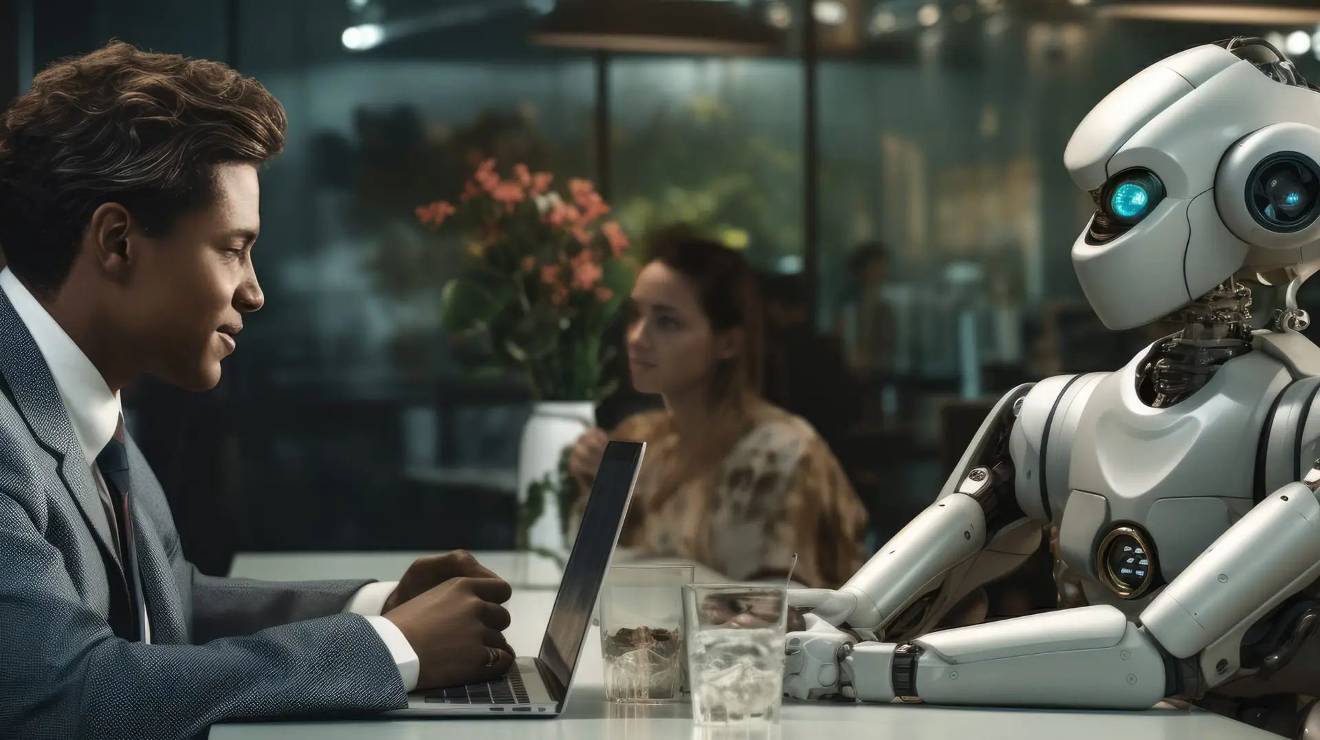 generated illustration of businessman interacting with a AI robot, business discussing business strategies.