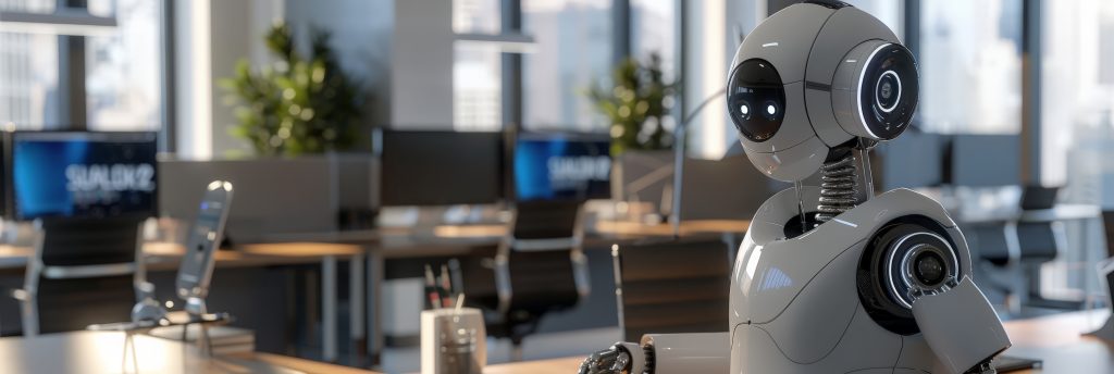Humanoid robot in a brightly lit office with computer screens. AI integration in a professional setting, showcasing advanced workplace automation