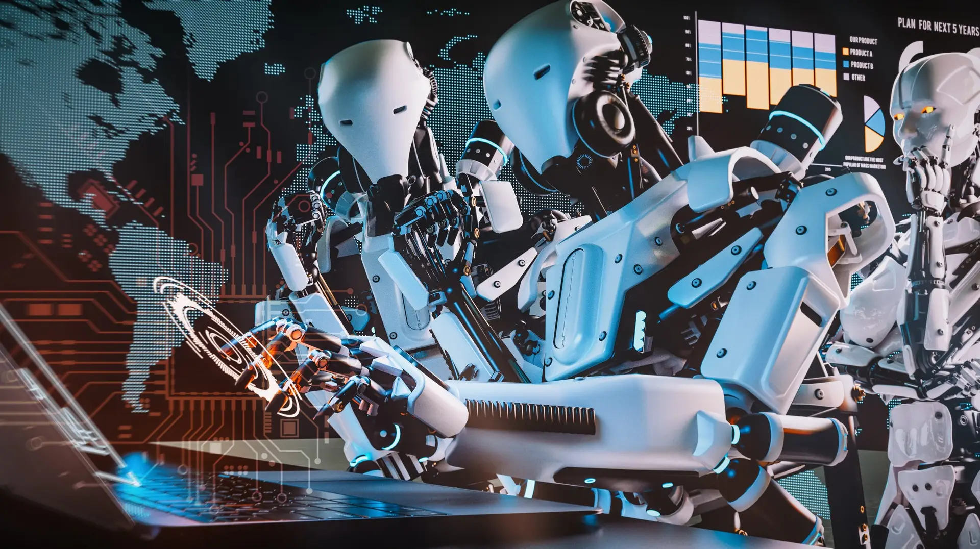 Image of a group of robots working on a computer.