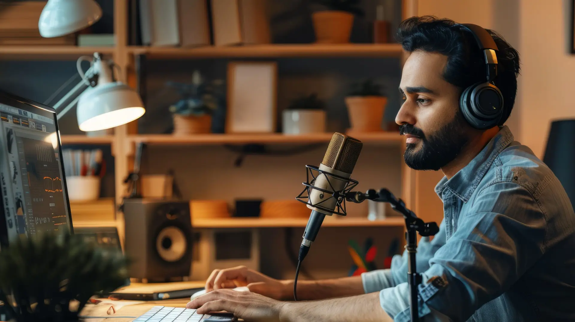 an Indian man creating a podcast from his home office, with professional microphones and sound