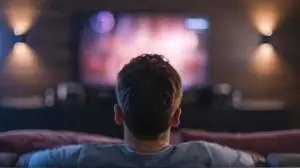 Individual enjoying television in contemporary living space with home entertainment system. Concept Home Entertainment, Contemporary Design, TV Viewing, Relaxing Atmosphere, Modern Technology