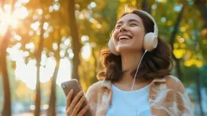 Joyful freedom resonates from a woman with headphones, her face uplifted to the golden autumnal light