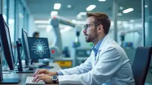 a man is an operator of a technological line for the production of high-tech goods chips processors