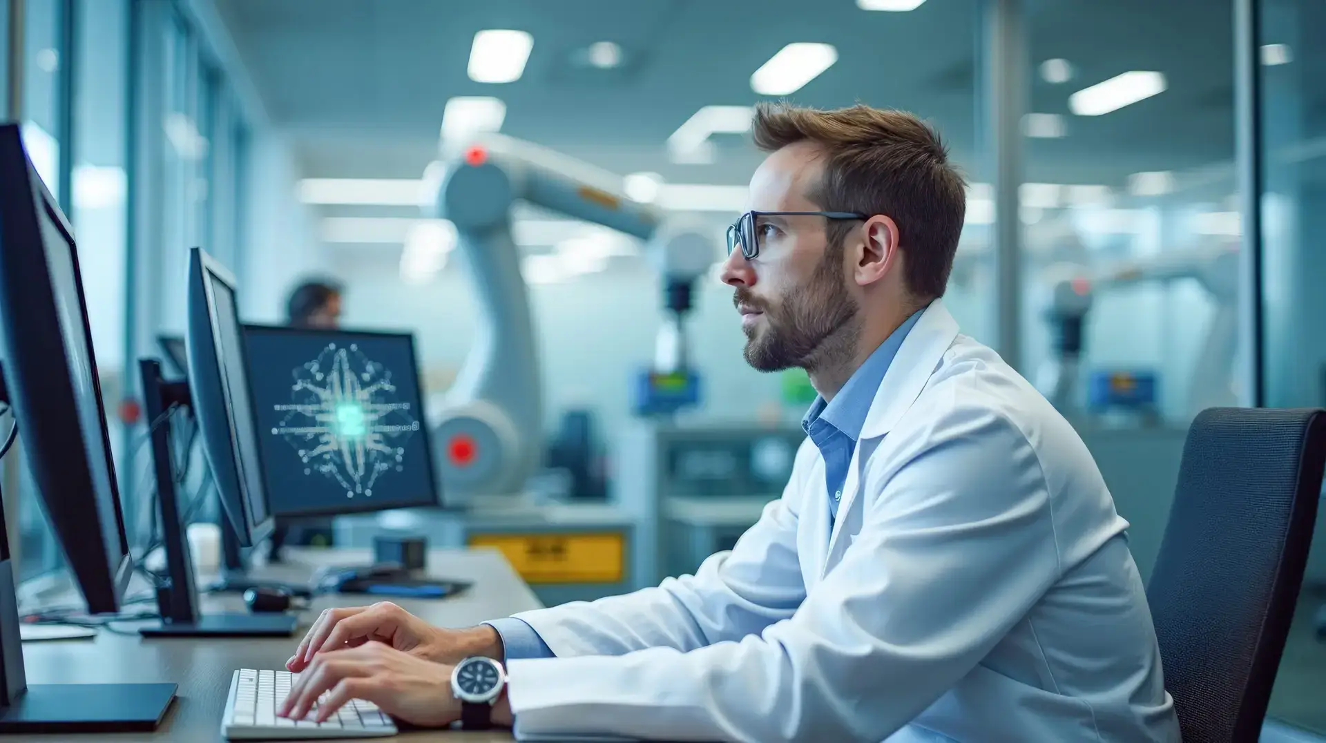 a man is an operator of a technological line for the production of high-tech goods chips processors