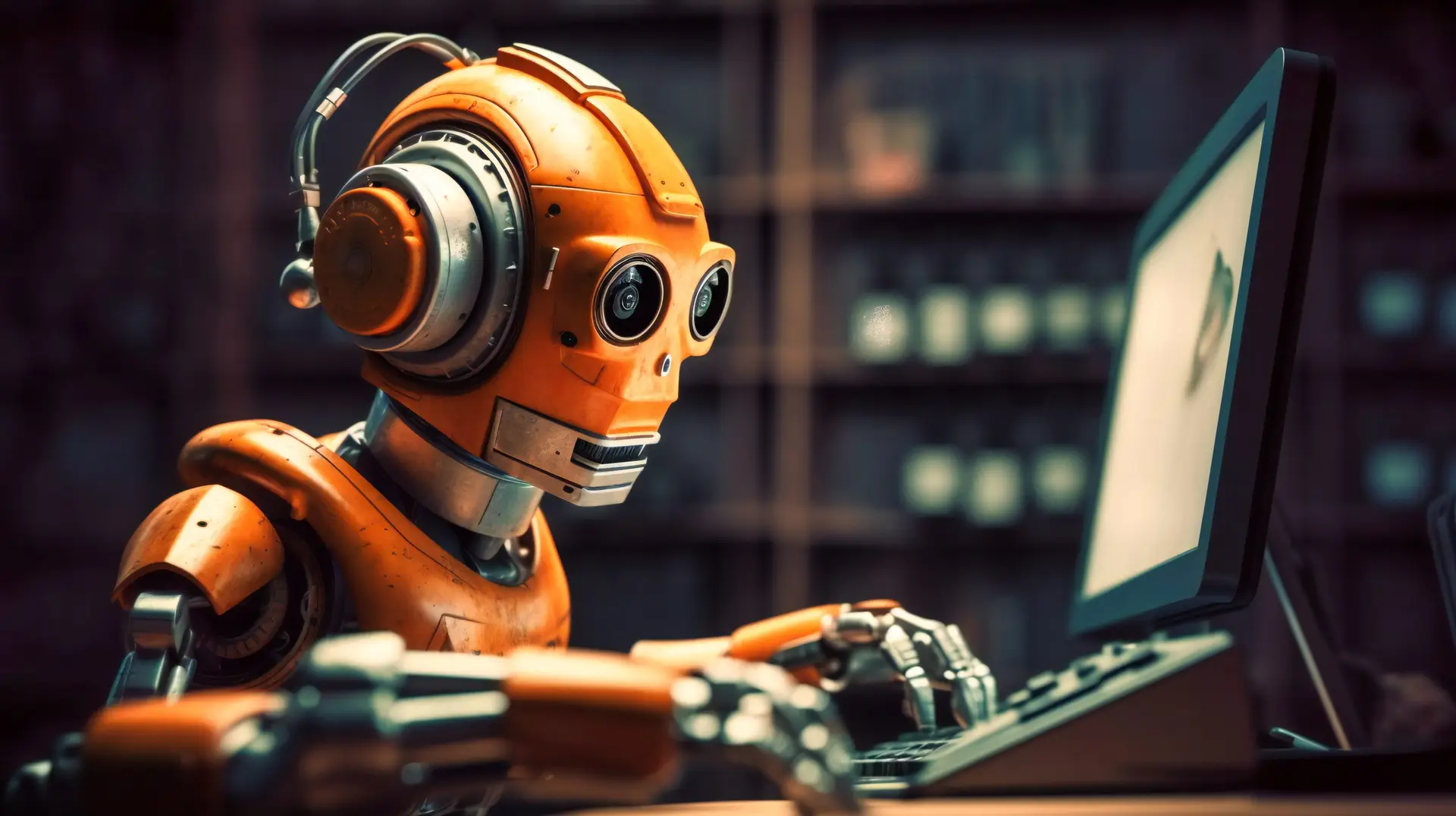 an orange robot with headphones sitting in front of a laptop computer,