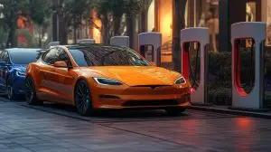 An overhead shot of multiple electric vehicles parked at charging station, showcasing vibrant orange car in foreground.